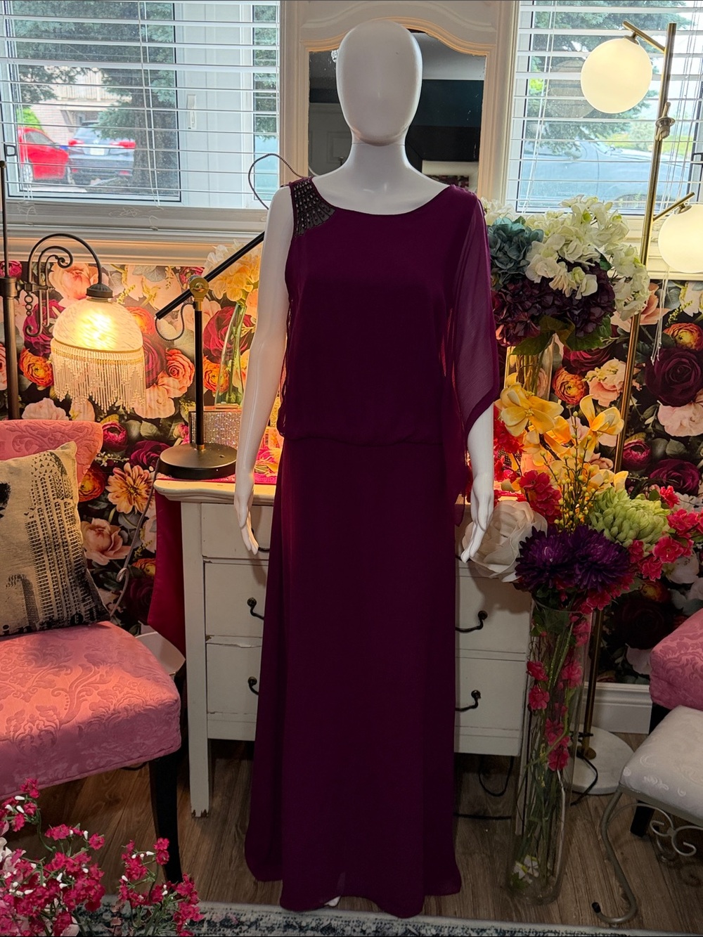 BCBG Pleated One-Shoulder Maxi Dress in Plum Berry - Picture 2 of 13
